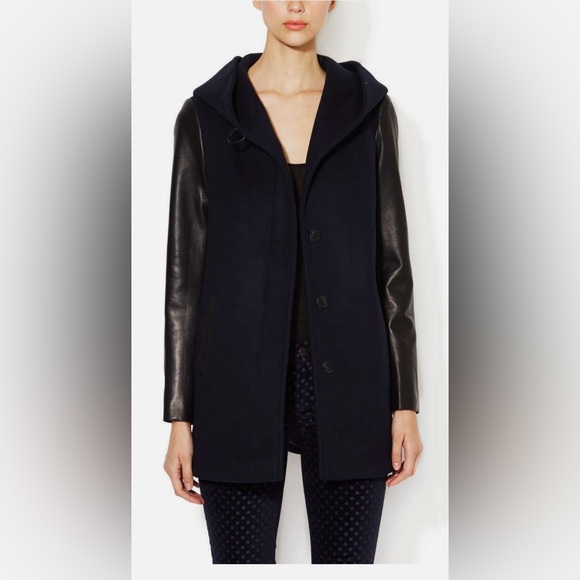 SOÏA & KYO Women’s Size Medium Black Wool Hooded Coat with Lamb Leather Sleeves - Picture 2 of 14